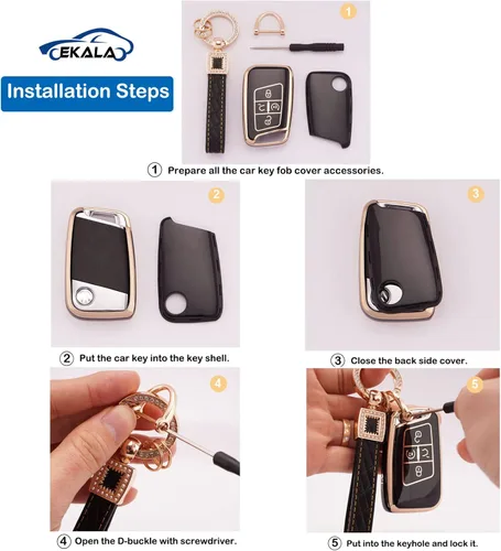 Vista 4 de EKALA Funda para llavero Volkswagen con llavero de cuero, 4 botones de TPU suave, compatible con Volkswagen Tiguan Atlas Passat Jetta Golf Alltrack