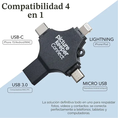 Vista 2 de Picture Keeper Connect Unidad Flash USB para Fotos y Videos para Apple, Android y Dispositivos PC, Unidad de Pulgar de 32GB plateado