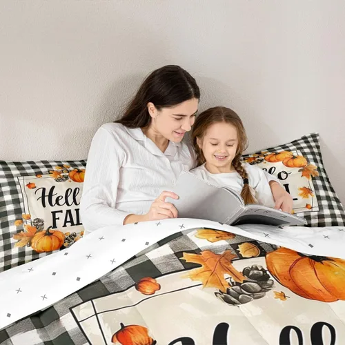 Vista 6 de Juego de edredón de calabaza de otoño tamaño individual para niños y niñas, juego de ropa de cama para niños, mujeres y hombres, ultra suave