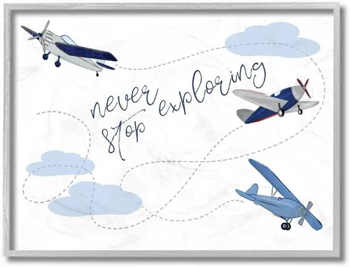 Vista 18 de Stupell Industries Never Stop Exploring Airplanes, Design by Sweet Pea Studio - Arte de pared enmarcado en blanco, 11 x 14, azul