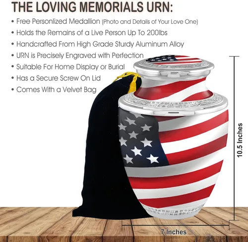 Vista 2 de Urnas de cremación personalizadas con medallón veterano de la bandera estadounidense para cenizas de adultos, hombres y mujeres, urnas funerarias