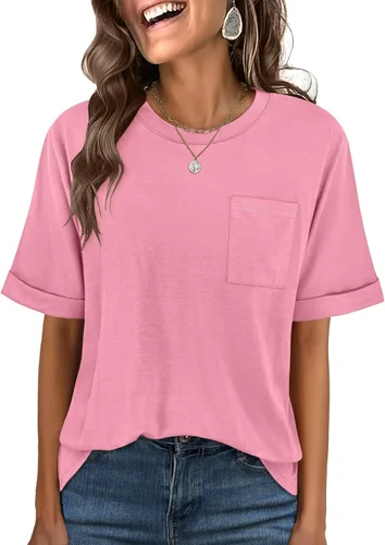 Vista 13 de ANRABESS - Camiseta de manga corta para mujer, estilo oversized, casual, suelta, básica, para verano, con bolsillo Caqui