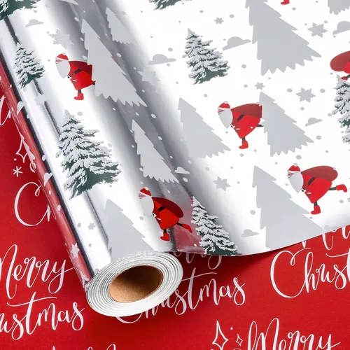 Vista 19 de Homeral Rollo de papel de regalo de Navidad de dinosaurio para niños, dinosaurio negro fresco con decoraciones y letras rojas, envoltura de regalo