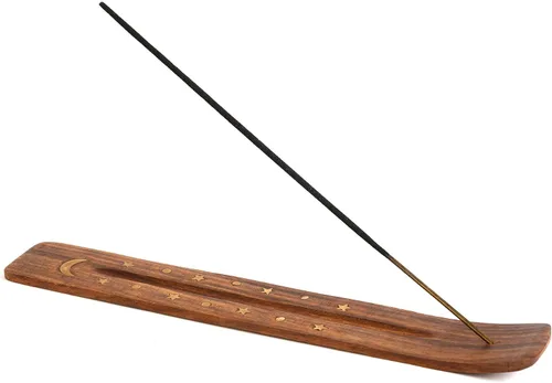Vista 2 de Soporte de incienso de madera para palos con incrustaciones de luna creciente de latón de 10 pulgadas de largo