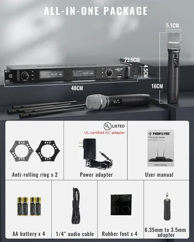 Vista 6 de Phenyx Pro Sistema de Micrófono Inalámbrico, Juego de Micrófonos de Mano Duales Inalámbricos de Diversidad Verdadera, Micrófonos Inalámbricos