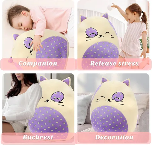 Vista 6 de Almohada de felpa grande de gato de 20 pulgadas con vientre floral, lindo juguete de peluche suave, almohada de gatito gigante, animal de peluche