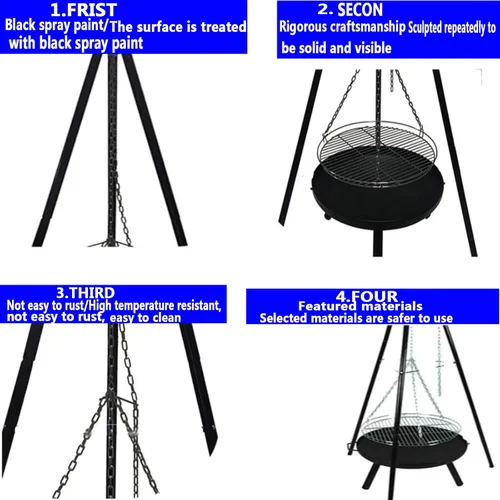 Vista 3 de Parrilla portátil para fogatas, trípode colgante de altura ajustable para exteriores, equipo de cocina de fogata, parrilla de fuego resistente