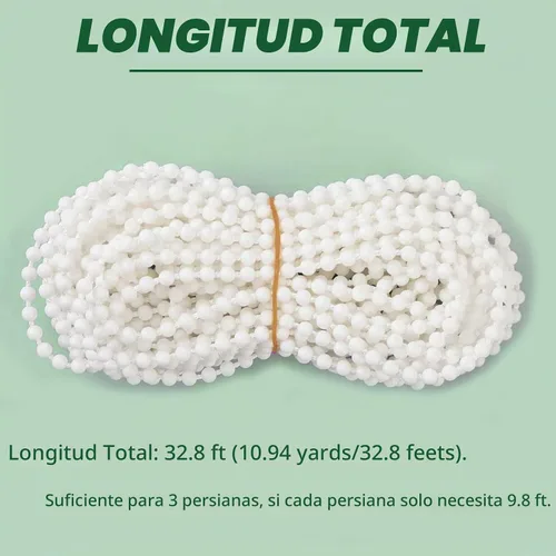 Vista 3 de 32.8 ft (32.8 pies) - Cable de cadena de cuentas enrollables venecianas romanas con 10 conectores para piezas de repuesto de persianas enrollables