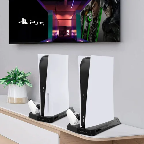 Vista 2 de Kahool Soporte vertical con ventilador de refrigeración para Play Station 5 y PS 5 Digital Edition, estación de carga de doble controlador