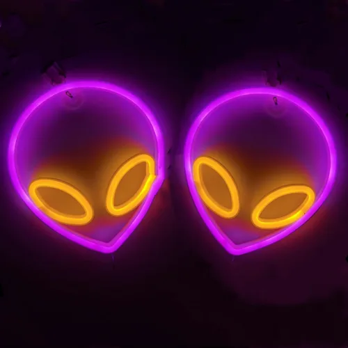 Vista 7 de Letrero de neón con cabeza de alienígena, 1 unidad, luz de neón de alienígena verde y morado, USB o 3 pilas AA, divertido letrero de neón iluminado