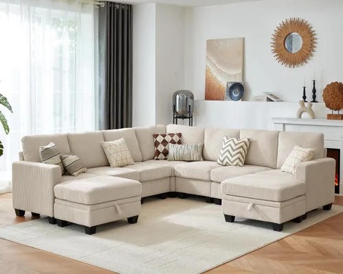 Vista 39 de CHIC HOUSE Sofá modular modular con otomanas de almacenamiento, sofá de pana para espacios pequeños y apartamentos, sofá esquinero convertible