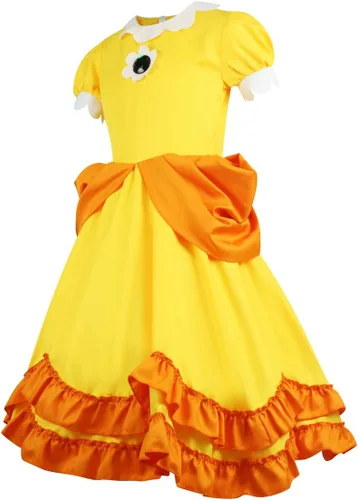 Vista 5 de Poboola Disfraz de princesa melocotón de margarita, vestido de cosplay de Super Brothers Rosalina con corona para niños y niñas, disfraz de fiesta