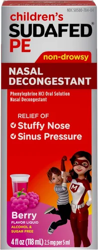 Vista 2 de Sudafed Descongestionante Nasal PE Para Niños, Medicina Líquida para el Alivio del Resfriado con Fenilefrina HCl, Sin Alcohol y Sin Azúcar, Sabor a