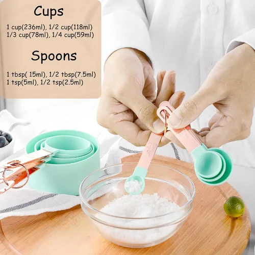 Vista 2 de Juego de tazas y cucharas medidoras con mango de acero inoxidable de oro rosa, 8 cucharadas apilables y precisas para medir ingredientes secos
