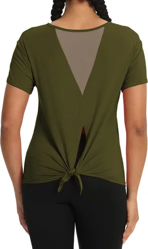 Vista 4 de Bestisun Camisetas atléticas de entrenamiento de manga corta para mujer, con lazo en la espalda, deportes, gimnasio, espalda de malla, ropa de yoga