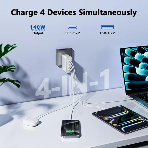 Vista 4 de sccvee Cargador USB C de 140 W GaN, adaptador de corriente para portátil de 100 W, bloque de carga rápido, estación de carga de 4 puertos USB C