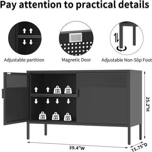 Vista 2 de Armario de almacenamiento de metal negro con 2 puertas, soporte de TV de 25 pulgadas de alto, armario de 2 niveles con estantes ajustables, gabinete