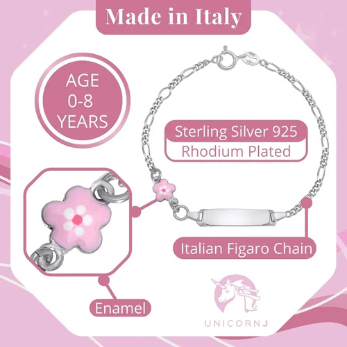 Vista 3 de UNICORNJ Pulsera de plata de ley 925 Italia con nombre para niños o bebés pulseras de identificación grabadas personalizadas para niños cadena