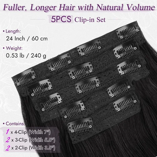Vista 2 de BARSDAR 24 Inch Synthetic Layered Loose Wavy Black Clip in Hair Extensions