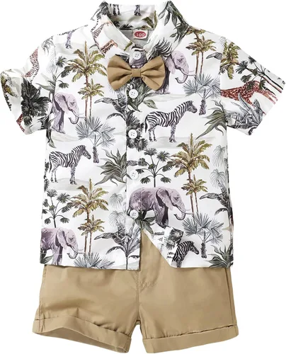 Vista 8 de JEELLIGULAR Conjunto de ropa de verano para bebé niño de manga corta con botones y pantalones cortos, trajes casuales para caballeros de 1 a 6 años