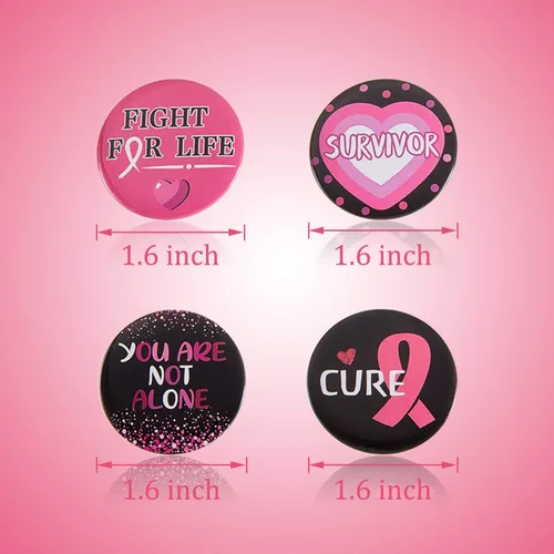 Vista 2 de 48 botones rosados de concientización sobre el cáncer de mama, insignias de 24 diseños variados, broche de cinta rosa redonda de esperanza