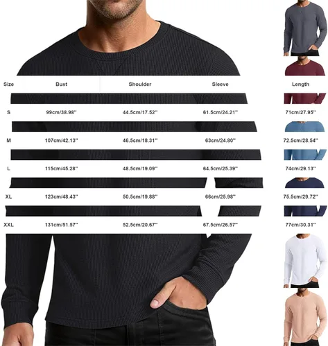 Vista 7 de Camiseta de punto gofre para hombre, camiseta casual de manga larga con cuello redondo, ropa de verano para hombre, camisa clásica básica sólida