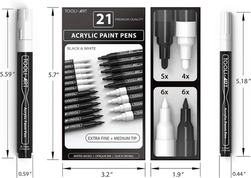 Vista 6 de TOOLI-ART Juego de marcadores de pintura acrílica en blanco y negro para pintura de roca, lienzo, tazas, metal, pintura de vidrio, tela, madera