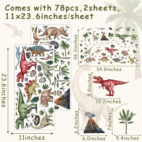 Vista 2 de Calcomanías de pared grandes de dinosaurio para despegar y pegar, calcomanías de pared de huellas de dinosaurio, hojas tropicales, palmeras