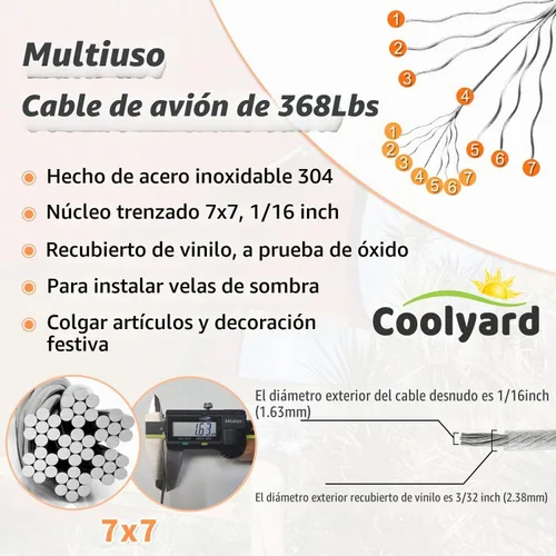 Vista 3 de COOLYARD Kit de accesorios para vela con cable de cable, cable de avión recubierto de vinilo de 48 pies (12 pies x 4), kit de colgar de 6 pulgadas