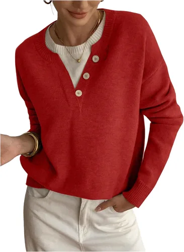 Vista 11 de SOLY HUX Suéteres Pullover para Mujer de Manga Larga con Botones Cuello Redondo 2 en 1 Tops de Punto Holgados Albaricoque puro