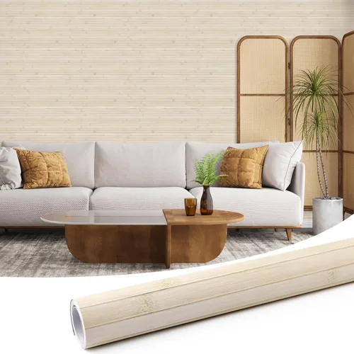 Vista 13 de Pole Wrap - Papel tapiz de bambú a rayas para despegar y pegar, papel de contacto de madera sintética texturizada, 17.3 x 120 pulgadas, listones