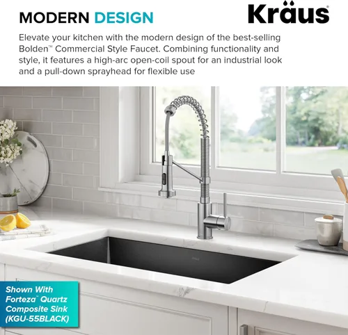 Vista 4 de KRAUS Bolden KPF-1610SFS - Grifo de cocina extraíble de una sola manija de estilo comercial de acero inoxidable sin manchas, con 2 funciones