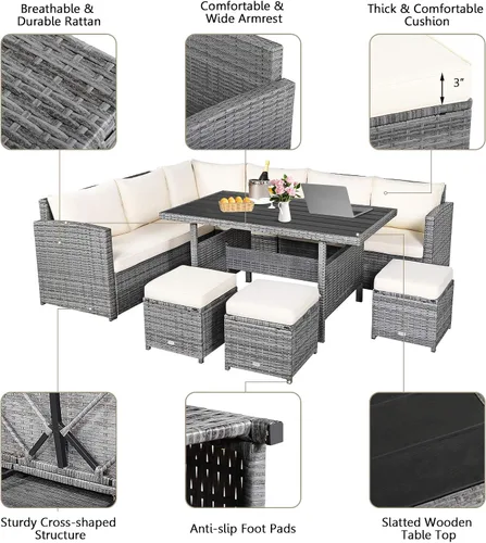 Vista 6 de HAPPYGRILL Juego de muebles de mimbre de ratán de 7 piezas, juego de muebles de patio al aire libre con cojines, juego de sofá de ratán con mesa