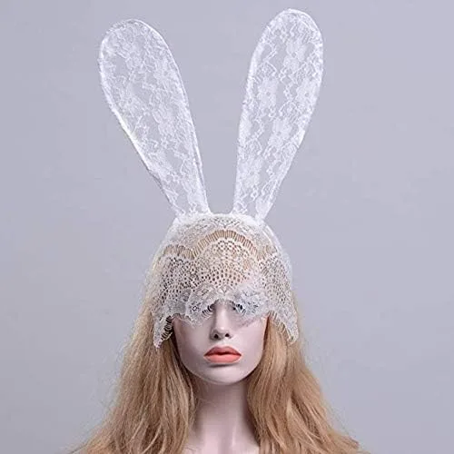 Vista 3 de Tvoip Encantadoras mujeres niñas diademas de encaje conejo orejas sexy velo negro máscara de ojos fiesta de Halloween accesorios para el cabello