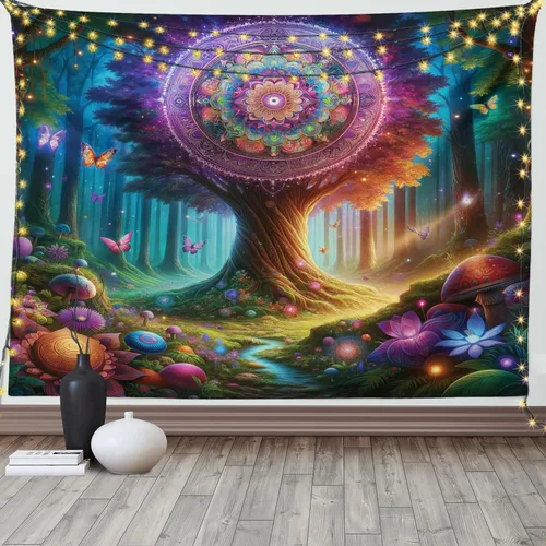 Vista 127 de Ambesonne Tapiz verde, fases lunares alrededor de un árbol de la vida, impresión de diseño bohemio de astrología nocturna, decoración de tela