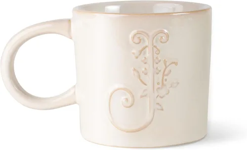 Vista 6 de Fringe Studio Taza Redonda de Gres, Monograma Floral Letra "E" 3.38" DIA. X 3.5"H, 14 fl.oz., con Asa Dorada Pintada a Mano (428047)