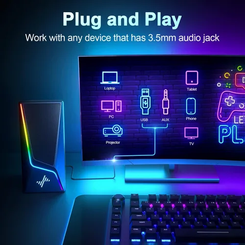 Vista 5 de Nylavee Altavoces de computadora, altavoces de PC con 6 modos de iluminación, altavoces de computadora alimentados por USB para PC de escritorio