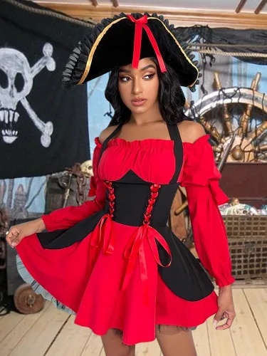 Vista 3 de Disfraz sexy de pirata de Halloween para mujer, 3 piezas de vestido de capitán