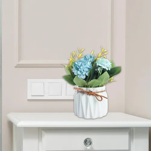 Vista 5 de Fumwase Ramo de hortensias artificiales con pequeño jarrón de cerámica, plantas de flores artificiales, mini flores de hortensias falsas, decoración