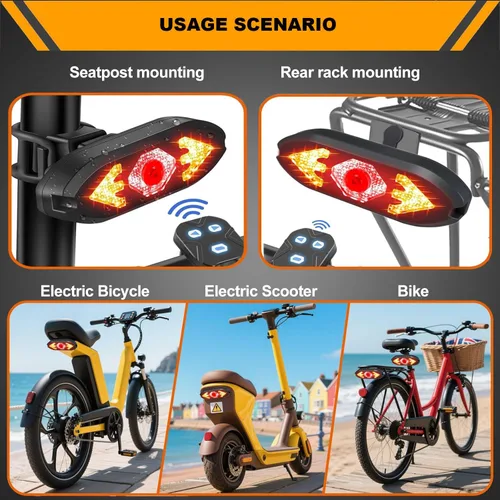 Vista 2 de Luz trasera de bicicleta recargable por USB, luces de giro para bicicleta, luz trasera impermeable de advertencia de seguridad con 2 tipos