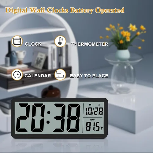 Vista 2 de Reloj de Pared LCD Digital Fácil de Configurar, Pantalla LCD de 8.5 Pulgadas con Pantalla de Hora/Fecha/Temperatura, Reloj de Escritorio Digital