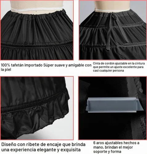 Vista 4 de 6 Hoop Skirt for Women Ball Gown Petticoat Underskirt Negro