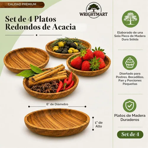 Vista 3 de Platos redondos de madera de acacia, juego de 4, 6 pulgadas, aperitivos, postre, plato de aperitivo