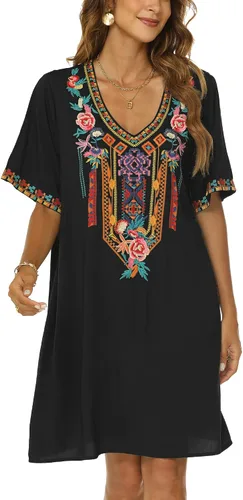 Vista 5 de Grosy Vestidos campesinos mexicanos bordados para mujer, vestido bohemio de fiesta de talla grande para mujer, túnica bohemia floral tradicional