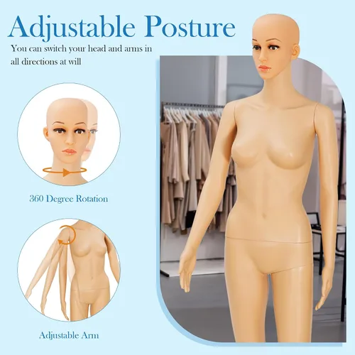 Vista 4 de Maniquí femenino de cuerpo completo con cabeza ajustable, extremidades flexibles, diseño desmontable de 69 pulgadas, forma de vestido con base