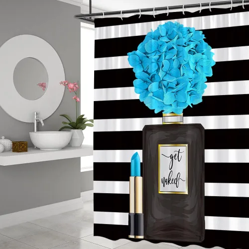 Vista 2 de Cortina de ducha negra con diseño de flores para niña, mujer, pintalabios, encantadora decoración de baño, juego de baño con gancho, 36 pulgadas