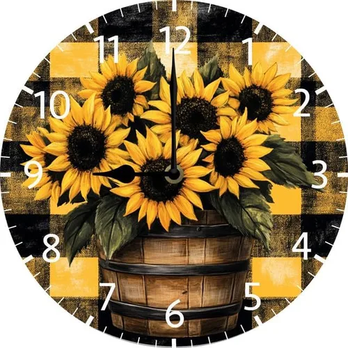 Vista 9 de Reloj de pared de madera de girasol, relojes de pared de granja, funciona con pilas, reloj de pared analógico de 10 pulgadas, reloj de pared