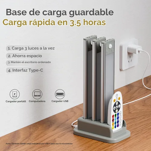 Vista 6 de lexall Paquete de 3 luces recargables para debajo del gabinete con estación