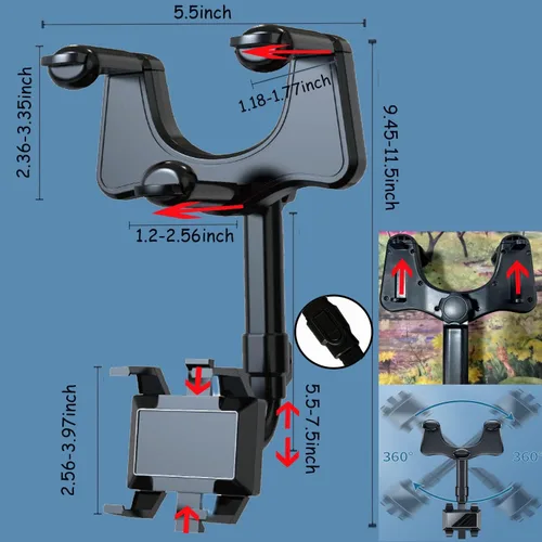 Vista 2 de Soporte giratorio y retráctil de 360° para el espejo retrovisor del coche, soporte universal multifuncional ajustable para teléfonos, soporte