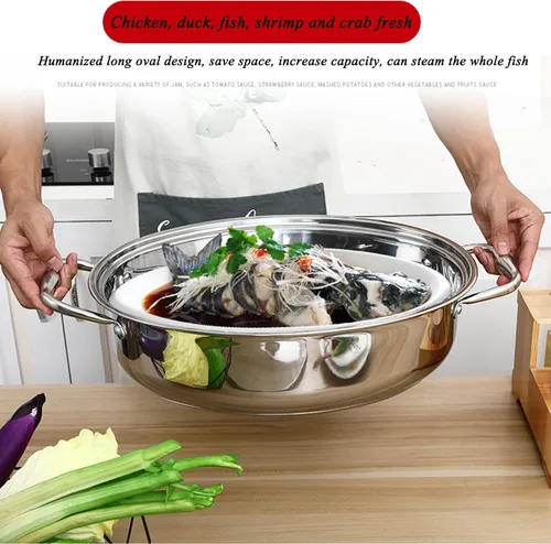 Vista 3 de Sartén ovalada de acero inoxidable para asar pavos de 3 tamaños, con estante de vapor y tapa, bandeja portátil para hornear para horno, cocinar a